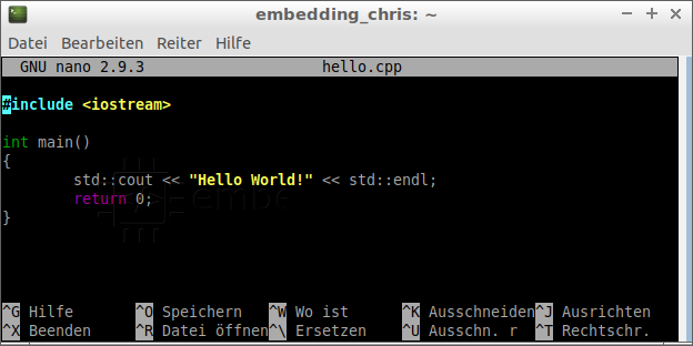 hello.cpp im GNU nano Texteditor